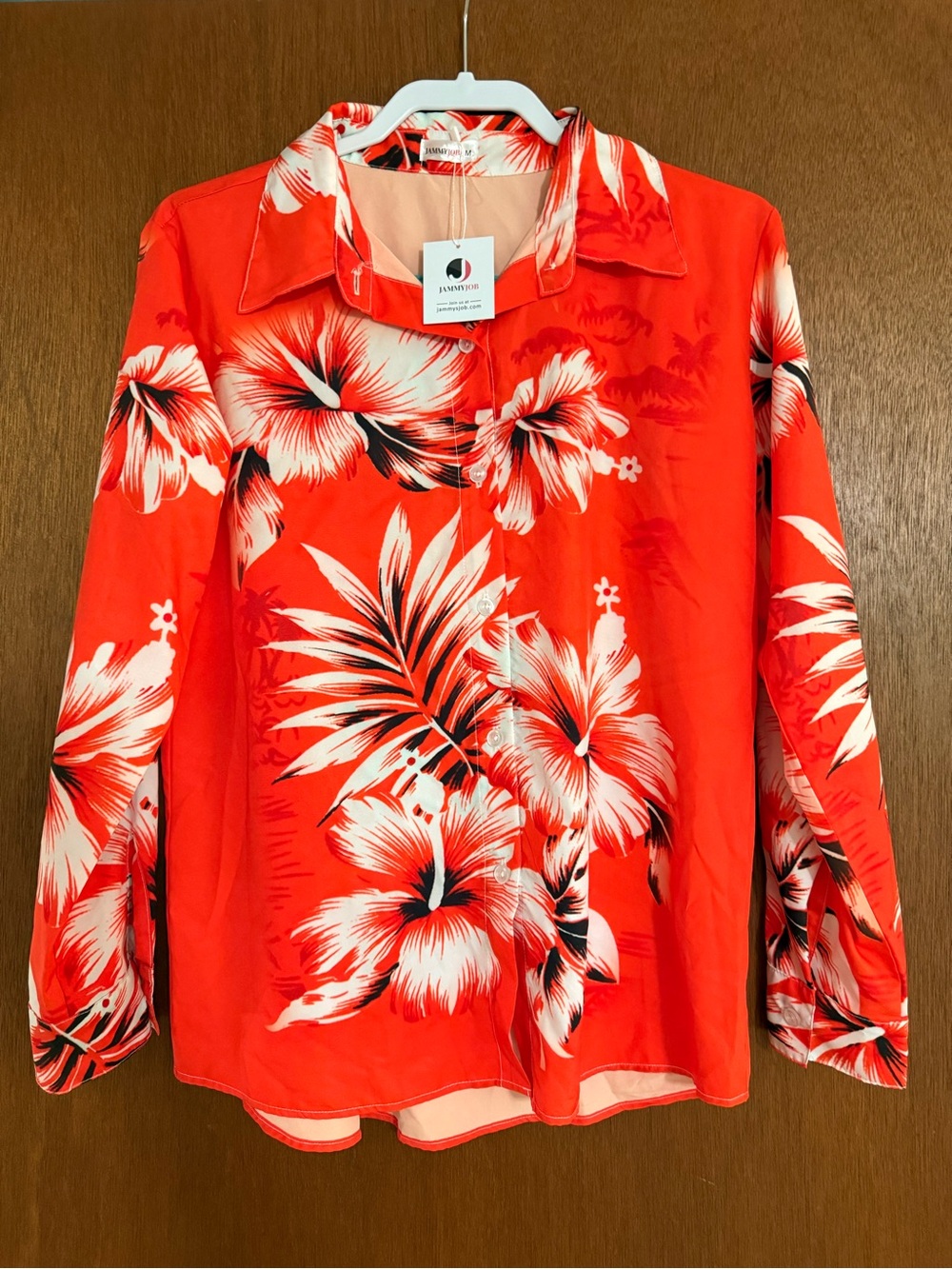 Vibrant Red Floral Button-Down Shirt — Women’s Tropical Print